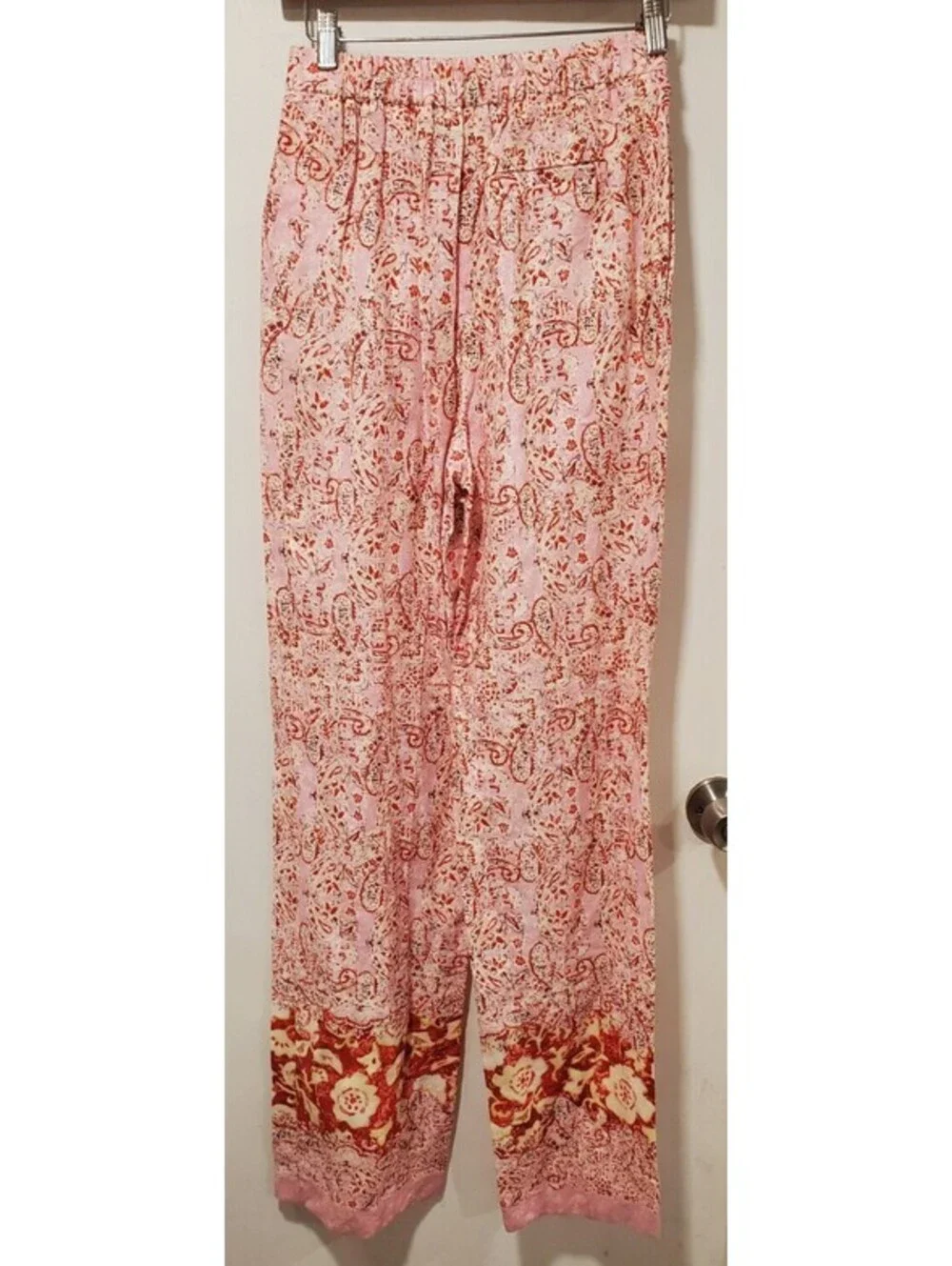 ZARA XS Pink Floral Paisley Linen Palazzo Pants Wide Straight Leg